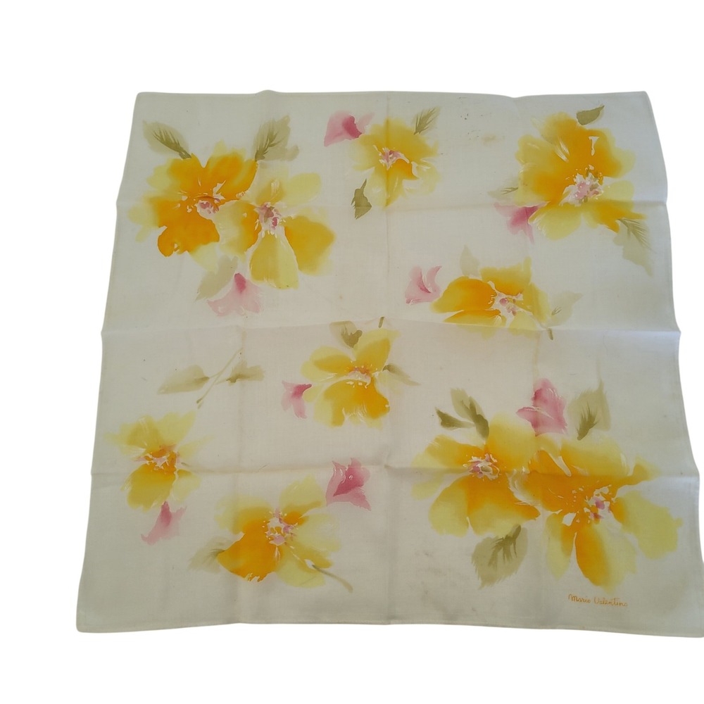 Mario Valentino Vintage Handkerchief Yellow Pink Floral Print White Scarf